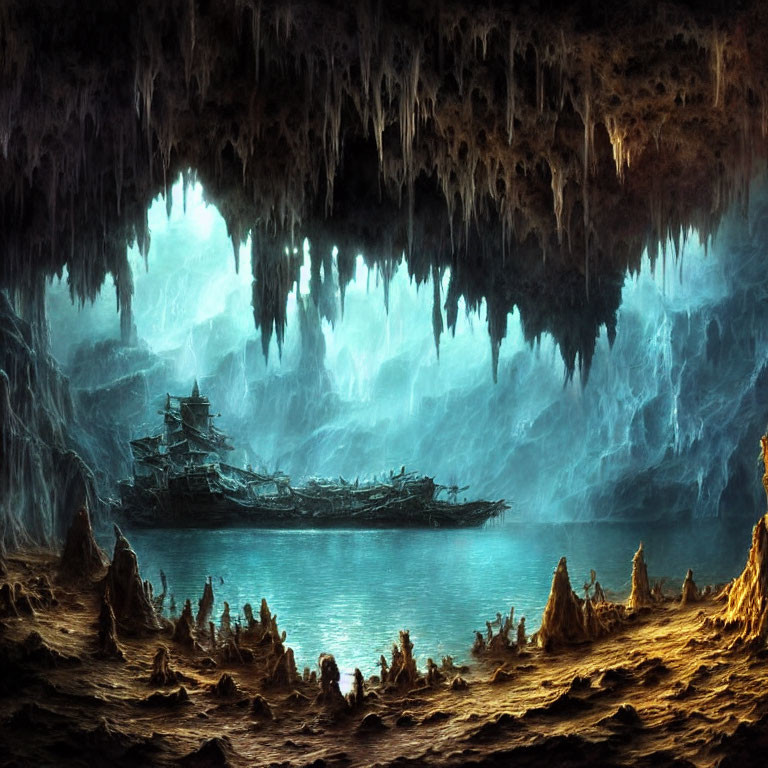 Mystical underground cavern with serene lake and shipwreck