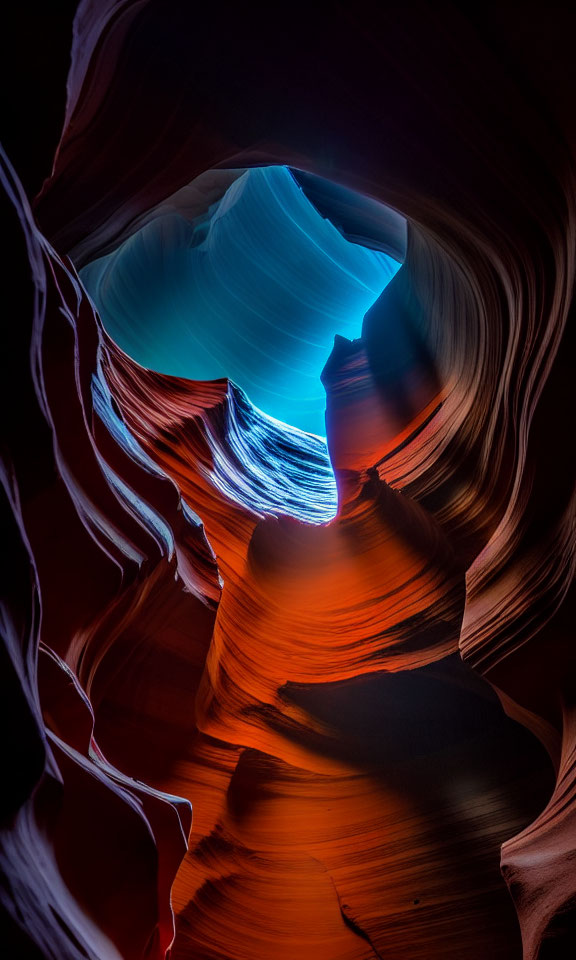 Wavy rock formations in Antelope Canyon with gradient colors from orange to blue.