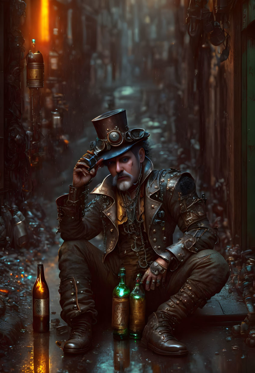 Steampunk man in top hat and goggles in dimly lit alley with bottles and mechanical parts