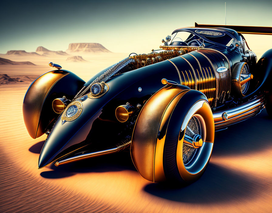 Vintage black car with chrome details under warm desert sunset