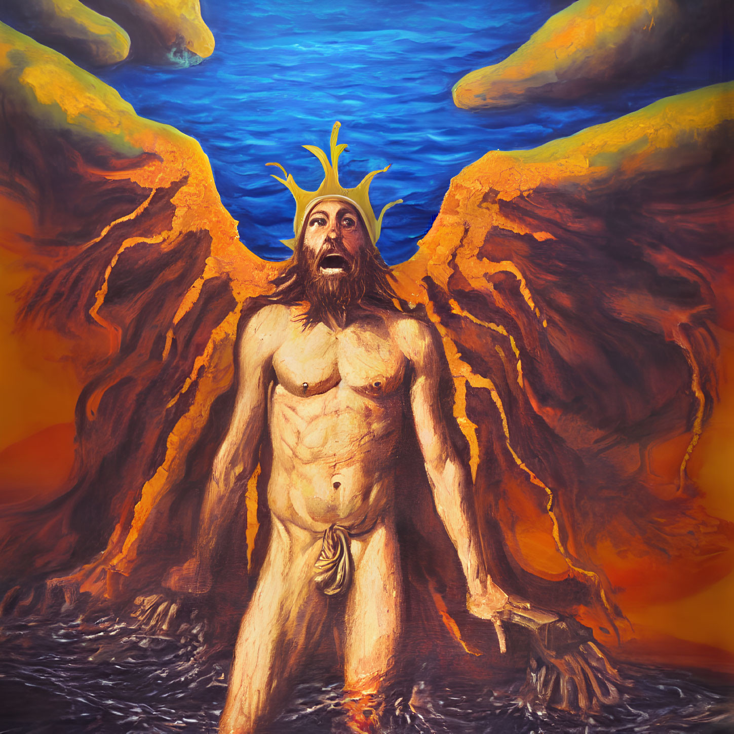 Bearded man with crown and wings in water with blue skies and yellow figures