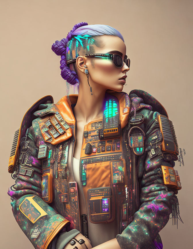 Stylish futuristic female figure with purple hair and electronic jacket