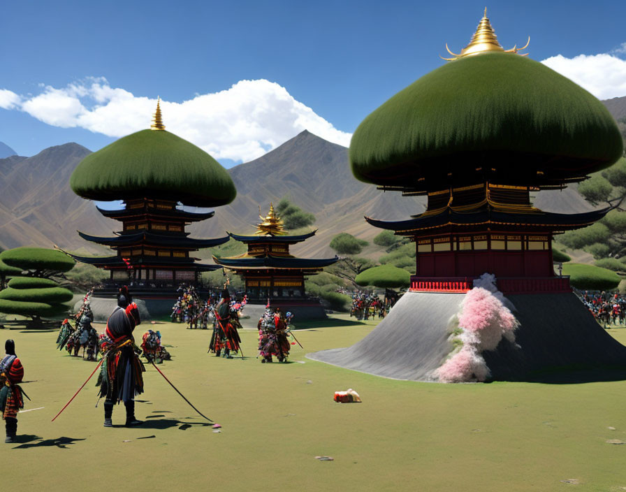 Stylized battlefield with samurai warriors, Japanese buildings, and oversized bonsai trees