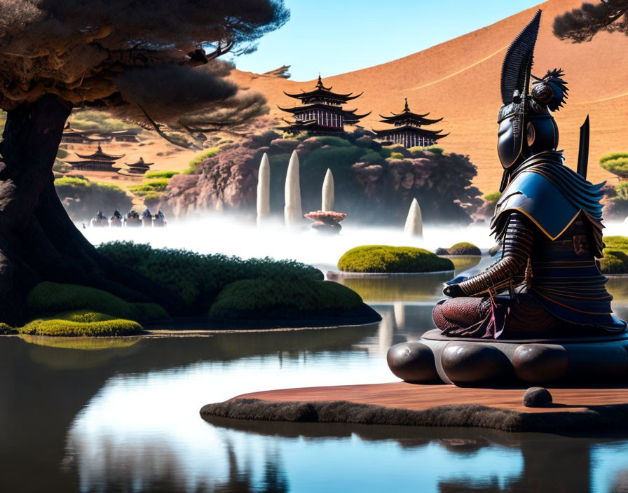 Samurai statue meditating by misty pond with lush greenery and pagodas