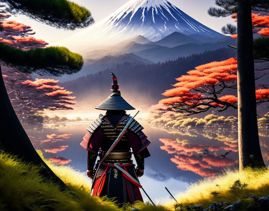 Samurai in traditional armor gazes at Mount Fuji over serene lake with autumn trees reflecting at dusk