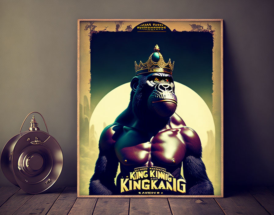 Anthropomorphic gorilla poster with crown on moonlit backdrop beside dumbbell