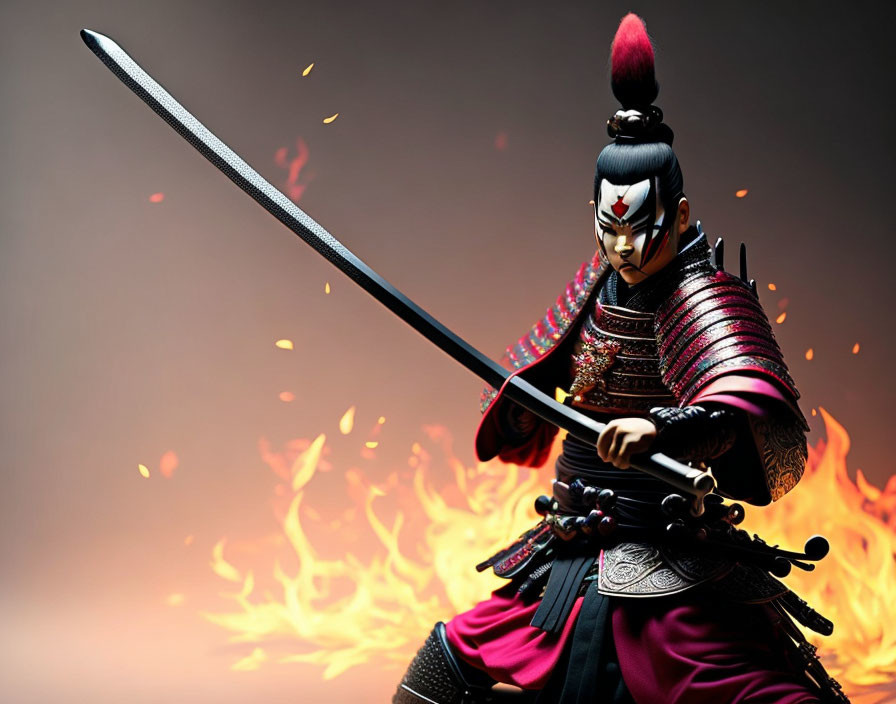 Samurai figurine in ornate armor wields katana amid flames