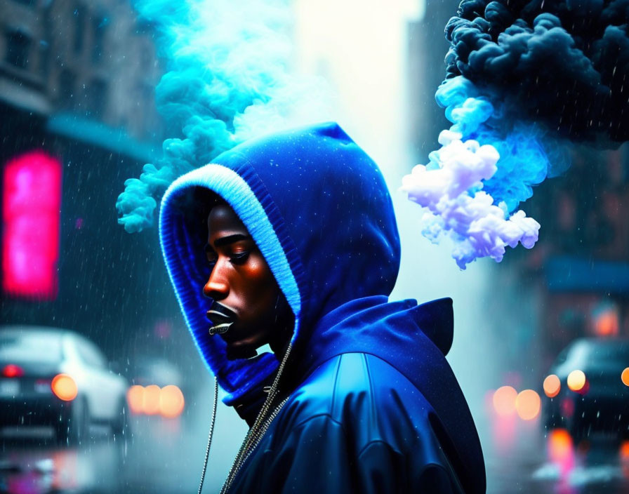 Blue Hoodie Person Exhaling Smoke in Cityscape Background