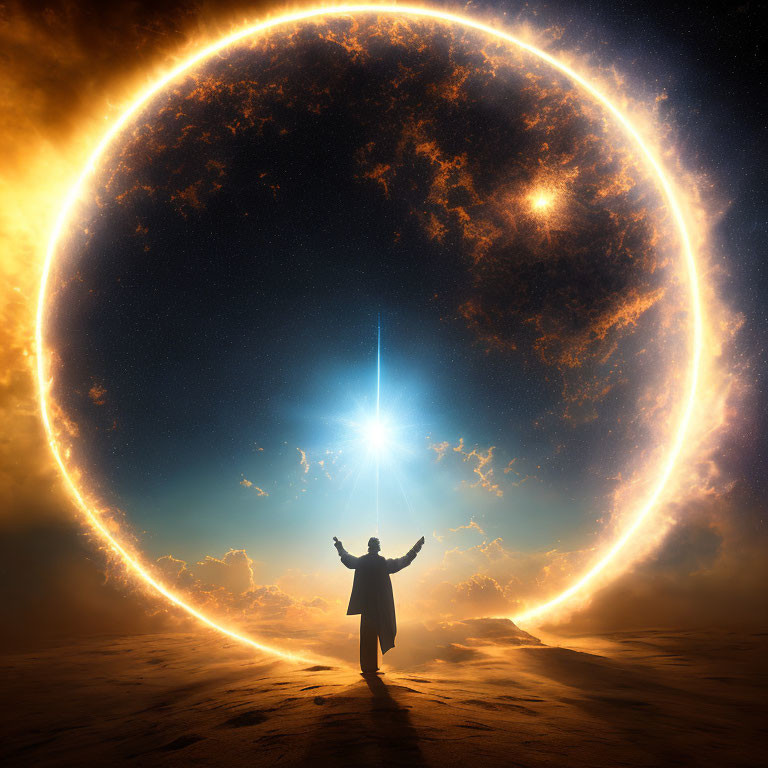 Silhouette of Person with Raised Arms Under Celestial Ring and Bright Star