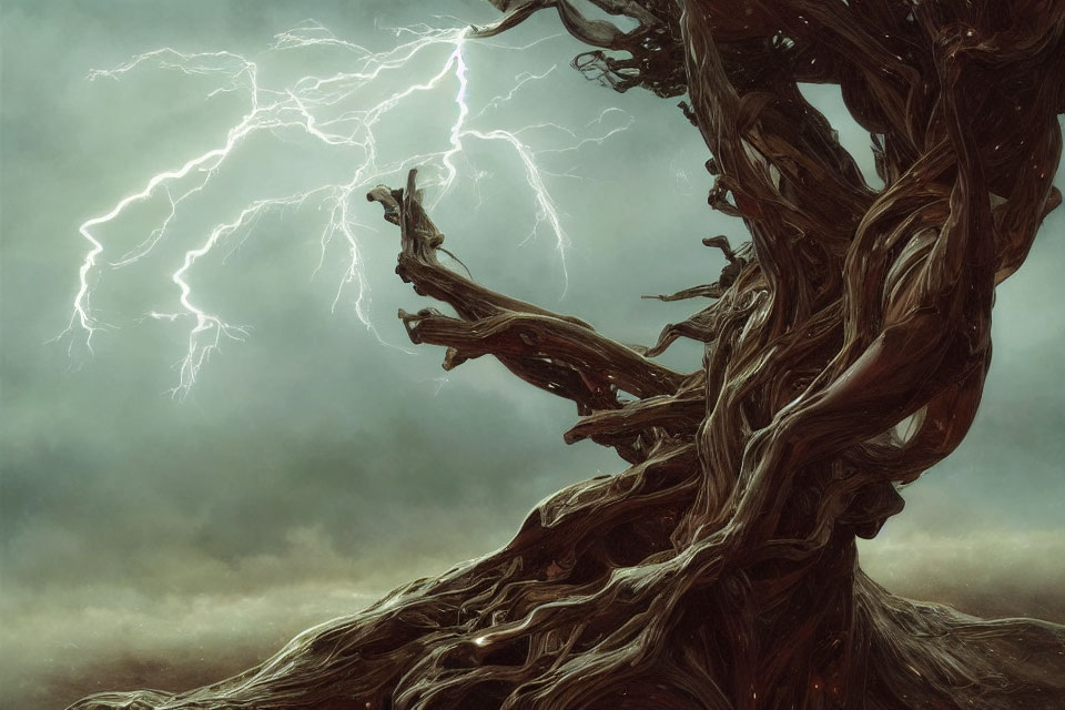 Gnarled tree under stormy sky with twisting branches and lightning