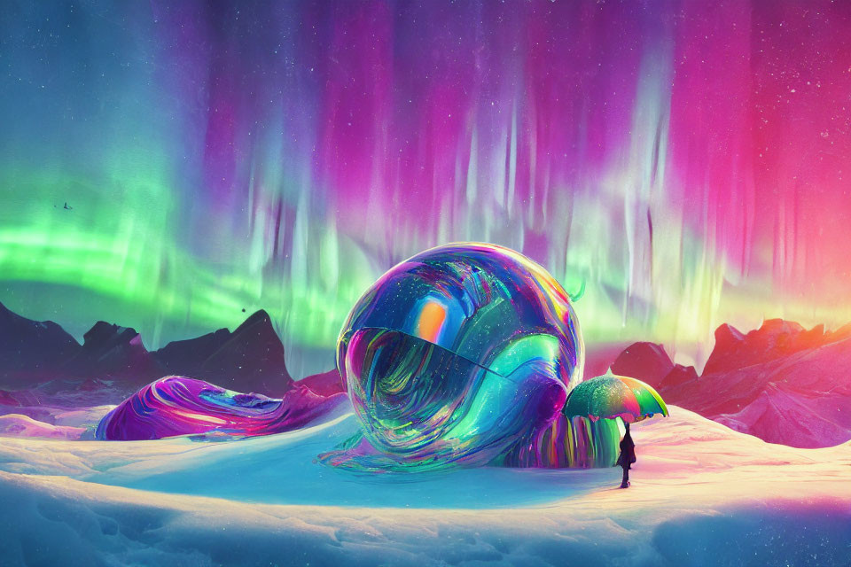 Colorful aurora over snowy landscape with person and iridescent bubble