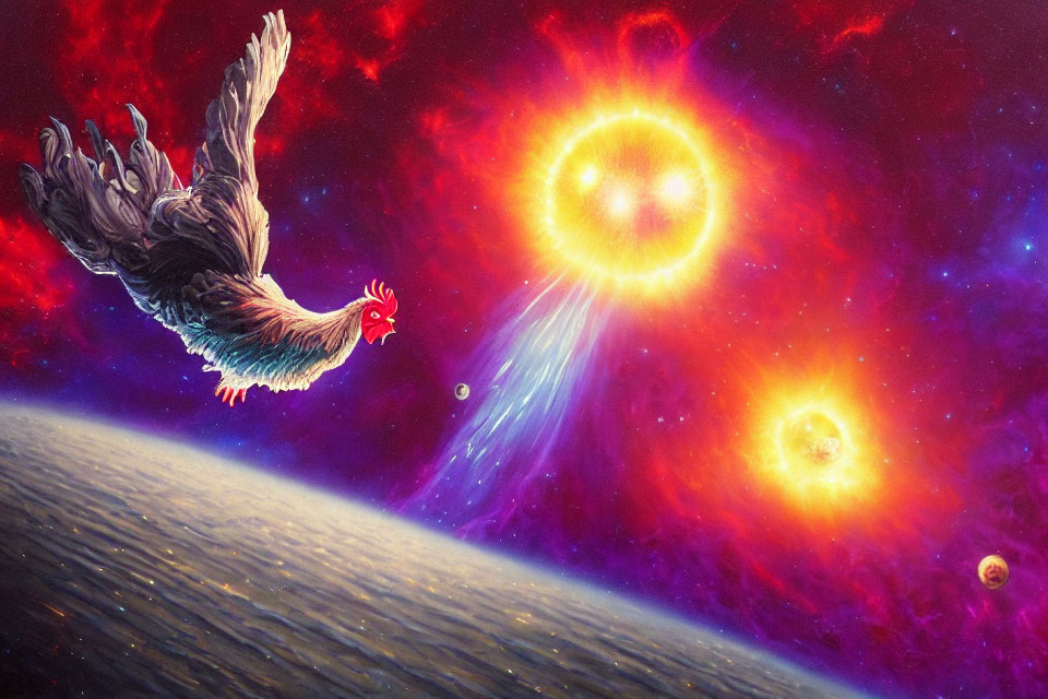 Colorful Cosmic Scene: Rooster Soaring Through Space Amid Stars & Nebulae