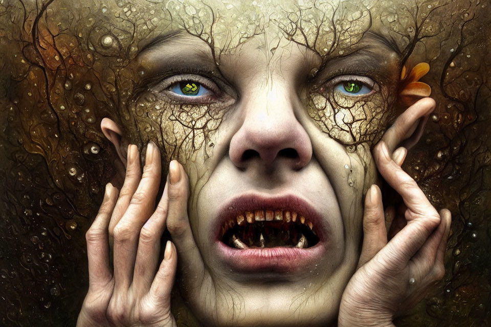 Fantasy image of person with cracked bark skin and green eyes