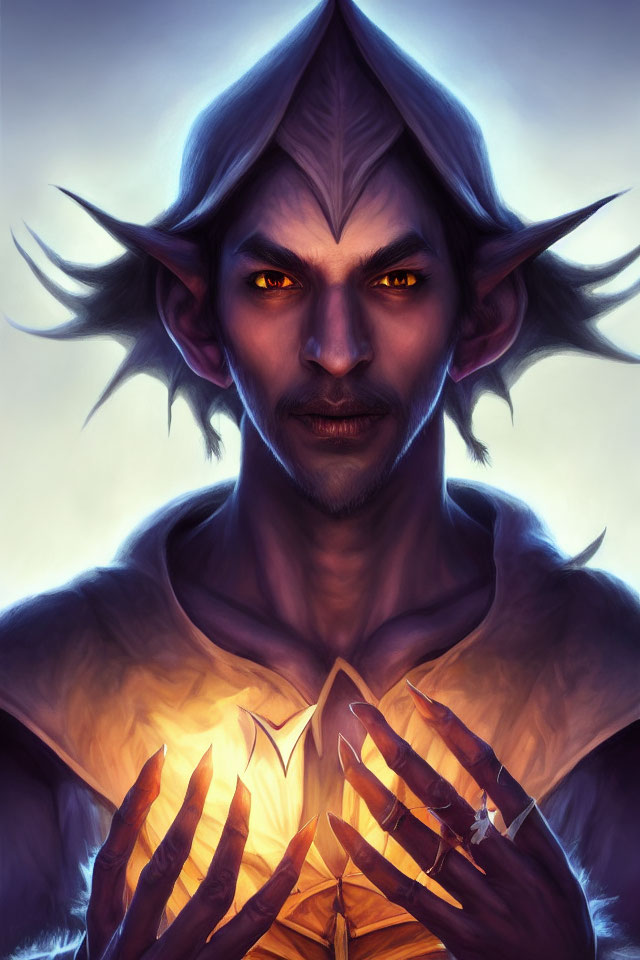 Elf illustration with pointed ears, yellow eyes, smirking expression, and sharp-nailed hands.