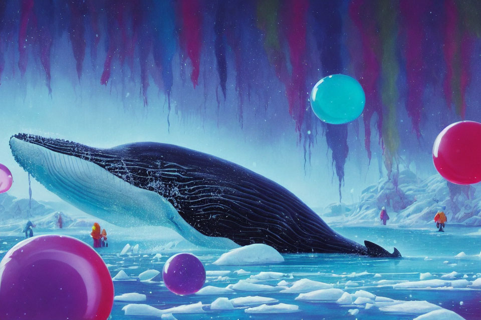 Whale breaching icy waters with colorful balloons, people in cave.