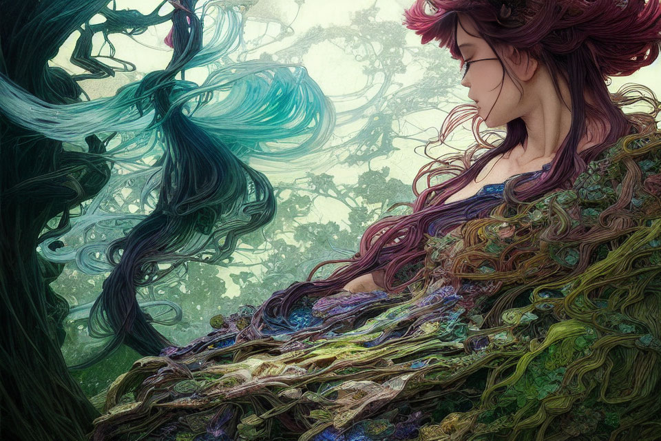 Colorful illustration of woman with flowing pink and purple hair in whimsical forest.