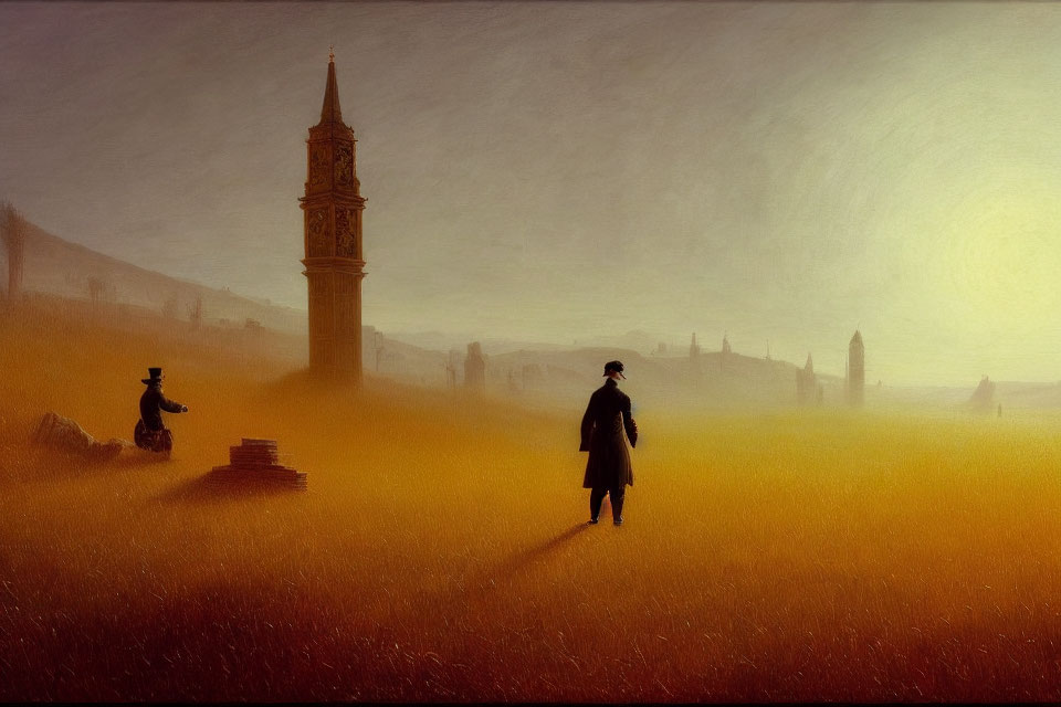 19th-Century Attire Figure in Golden Field at Dusk