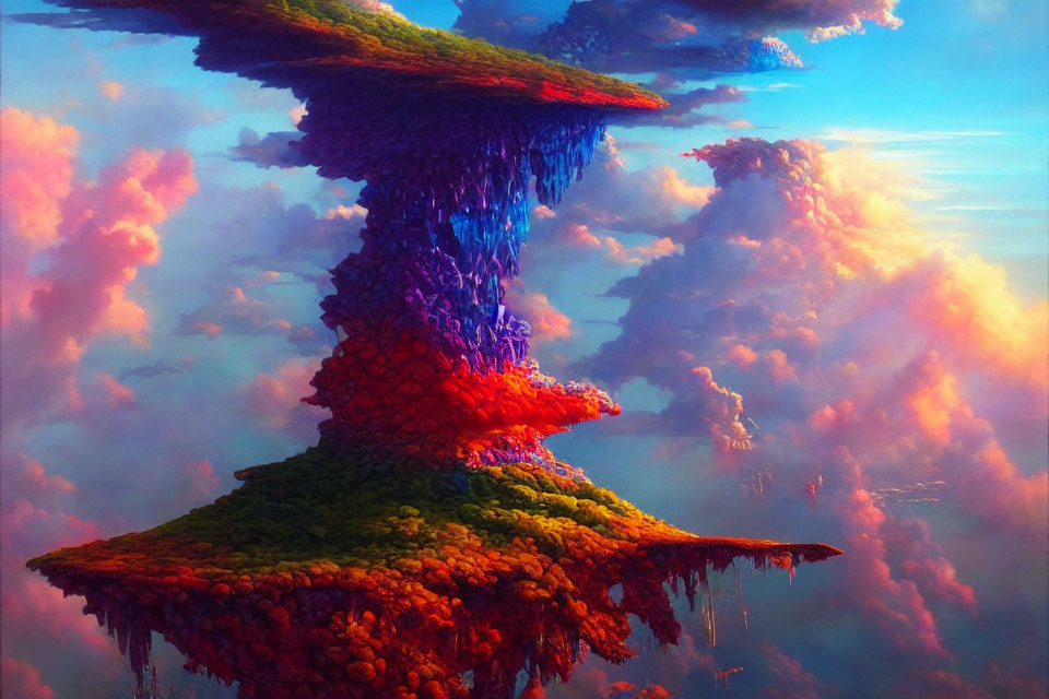 Fantastical floating island with waterfall under vibrant sunset sky