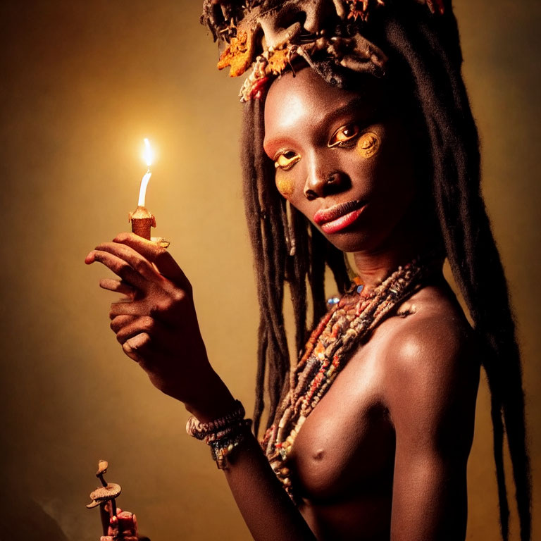 Tribal jewelry adorned woman with lit candle on warm backdrop