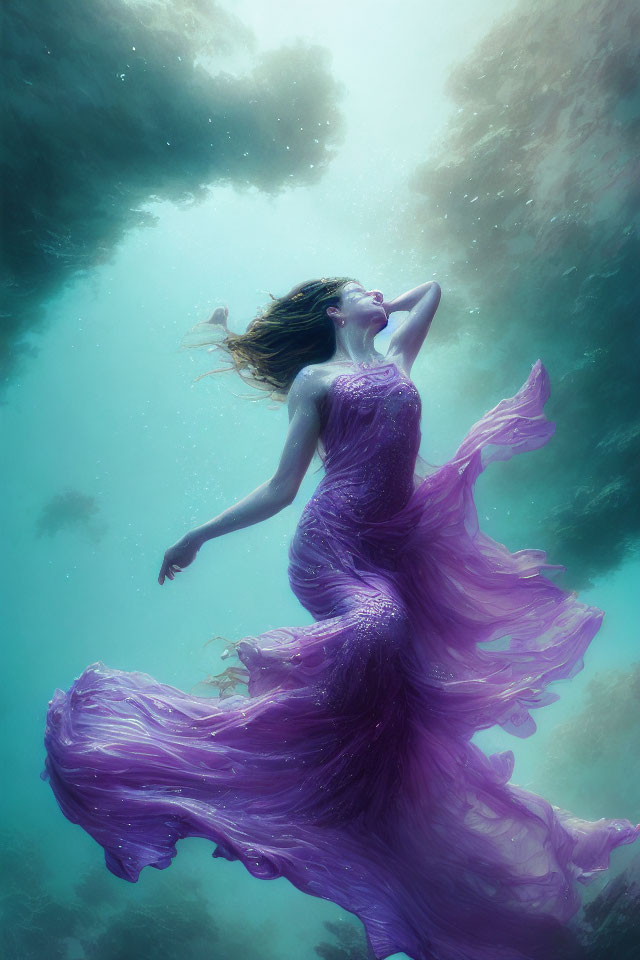 Woman in flowing purple dress gracefully floating underwater with light filtering through.