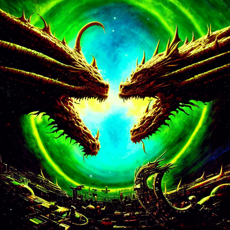 Fierce dragons under green aurora in dark cityscape