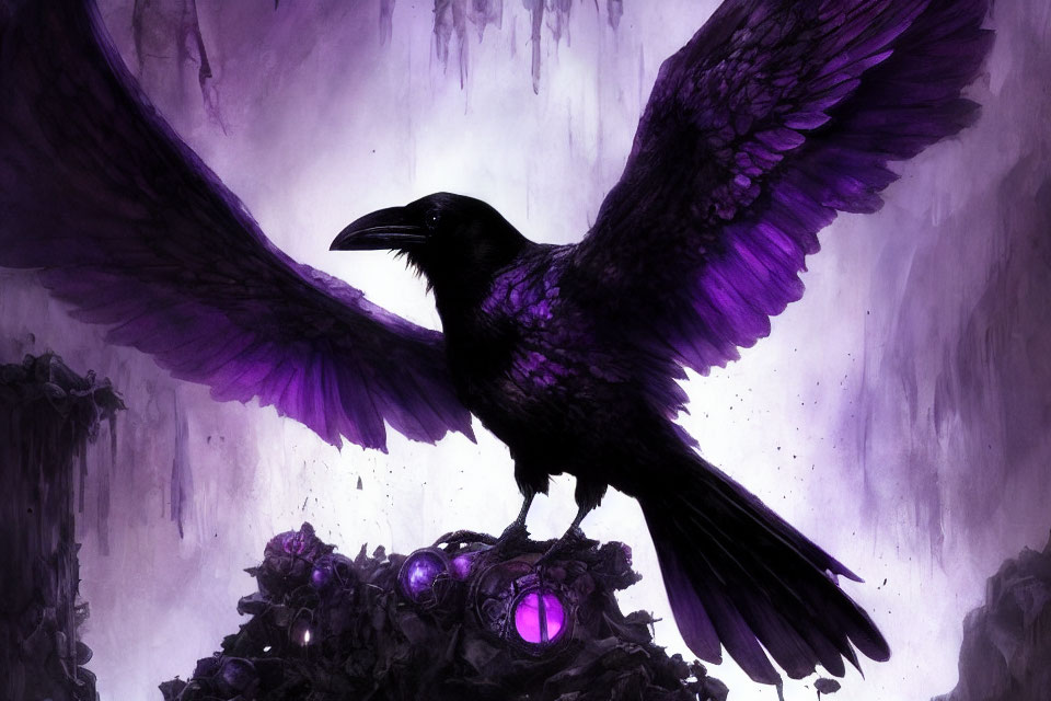 Majestic raven perched on gem-adorned nest in violet setting