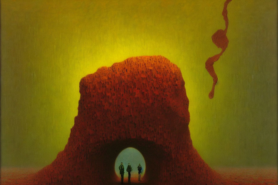 Silhouetted figures in tunnel carved through massive red rock under green sky.