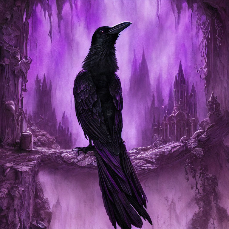 Majestic black raven with gothic castle and purple forest landscape