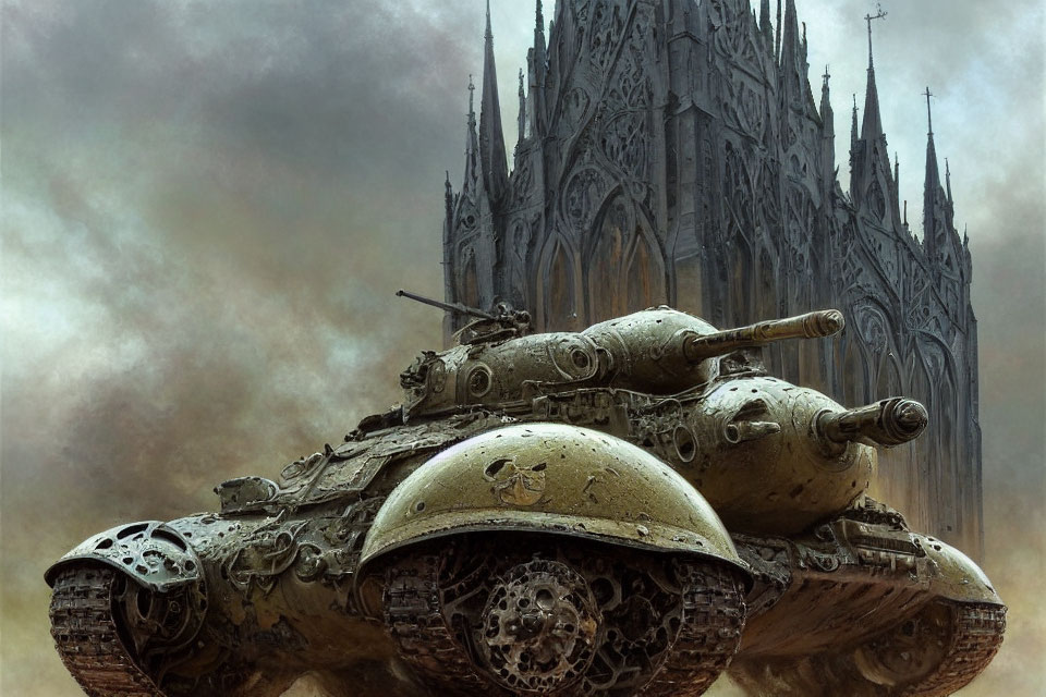 Abandoned tanks and Gothic cathedral in misty setting