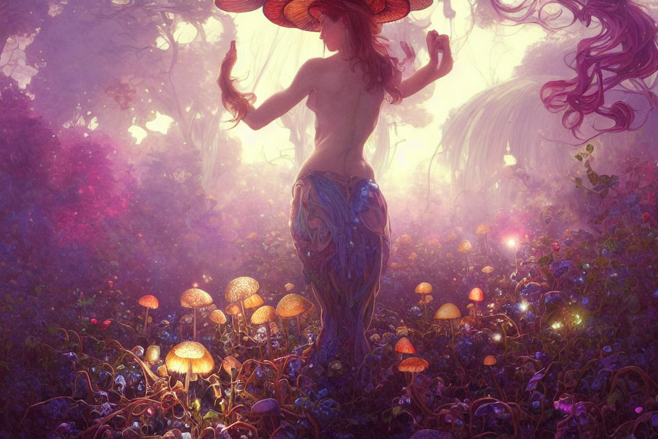 Mystical figure in vibrant enchanted forest with luminescent mushrooms