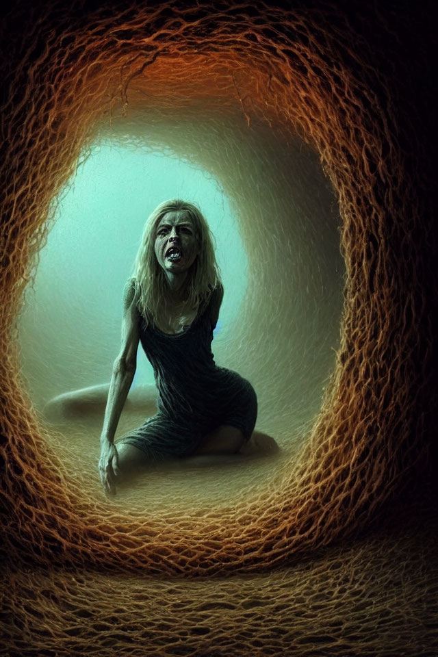 Distressed woman crouching in tunnel with dramatic lighting