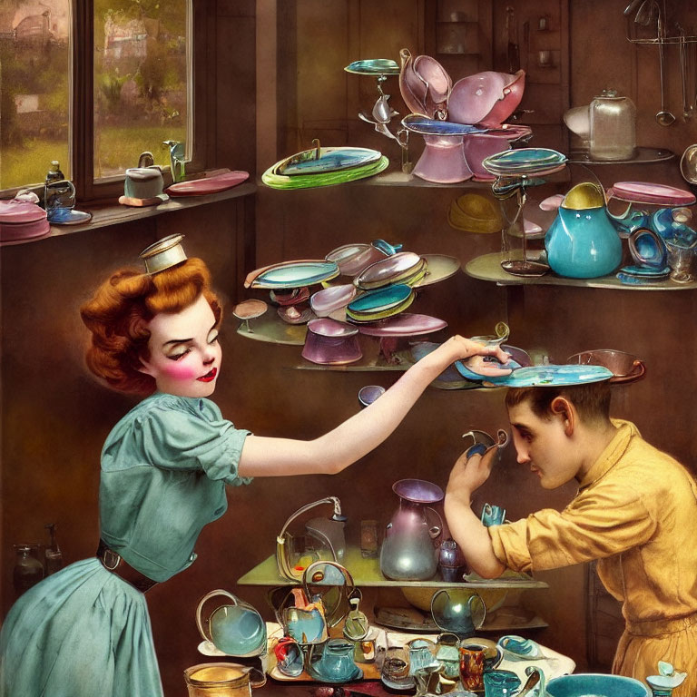 Vintage-styled individuals in kitchen balancing floating dishes and teacups.