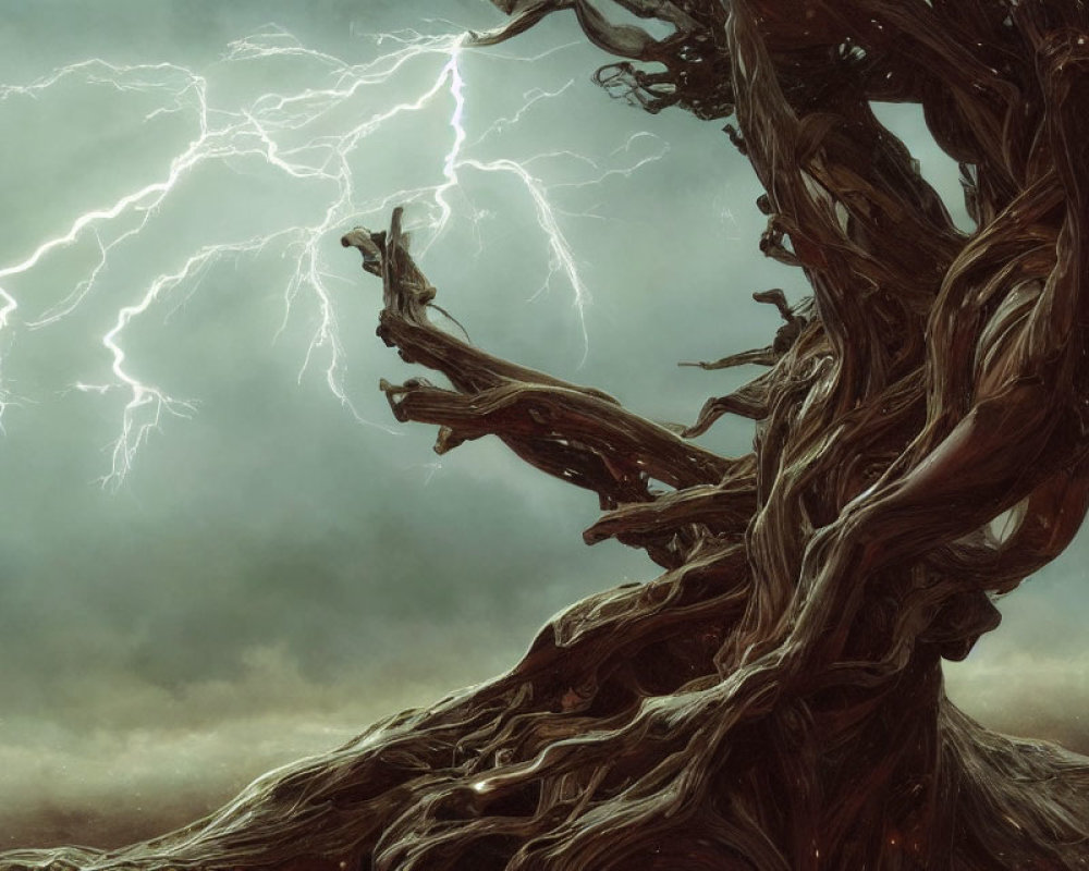 Gnarled tree under stormy sky with twisting branches and lightning