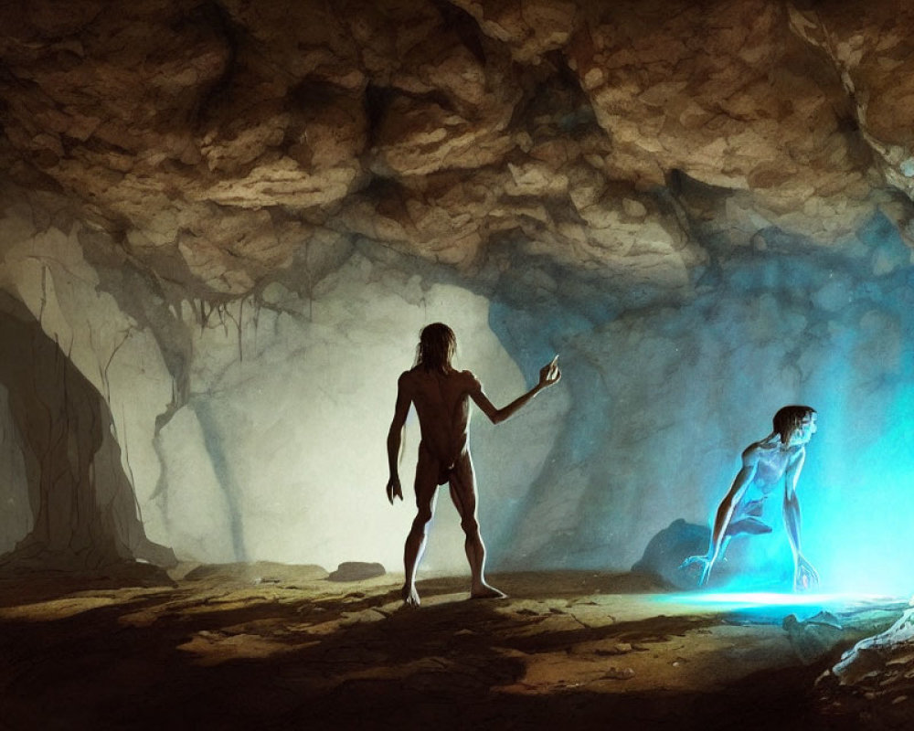 Silhouette of a person in cave with glowing blue figure