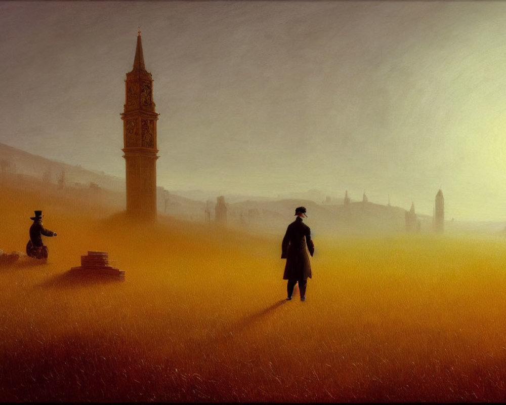 19th-Century Attire Figure in Golden Field at Dusk