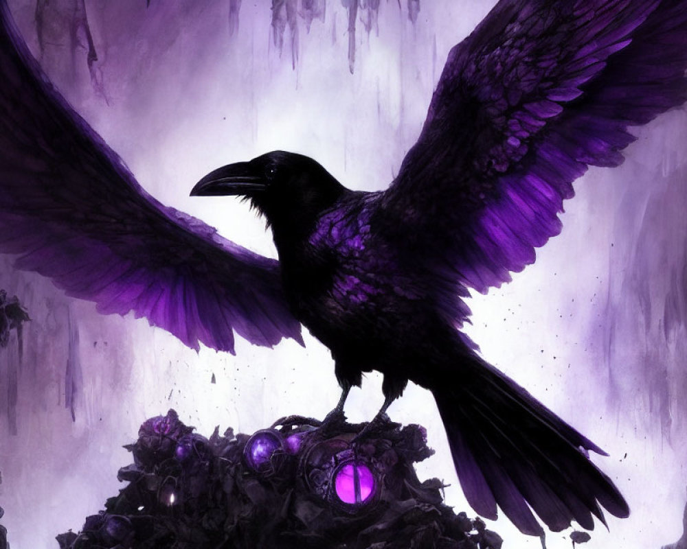 Majestic raven perched on gem-adorned nest in violet setting