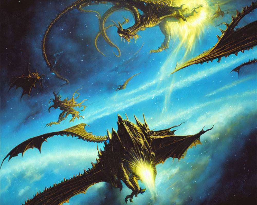 Fierce dragons breathing yellow flames in starry sky