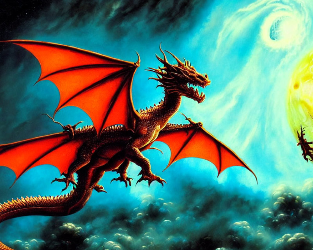 Fiery red dragon on clouds with moon and distant planet