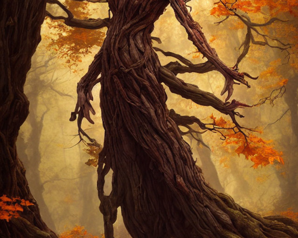 Fantastical tree-like figure with human face in autumn forest