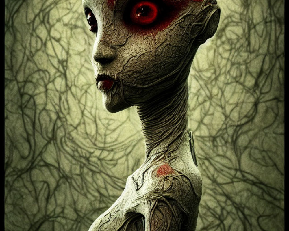 Humanoid Alien with Large Red Eyes and Forehead Mark on Dark Background