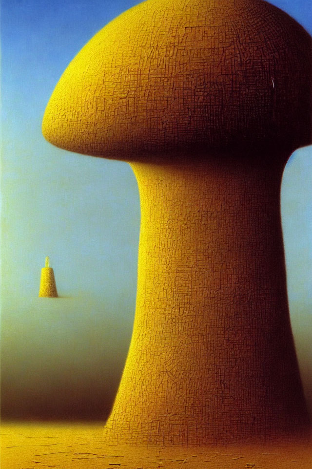 Surreal painting of large mushroom-shaped structure in desolate landscape