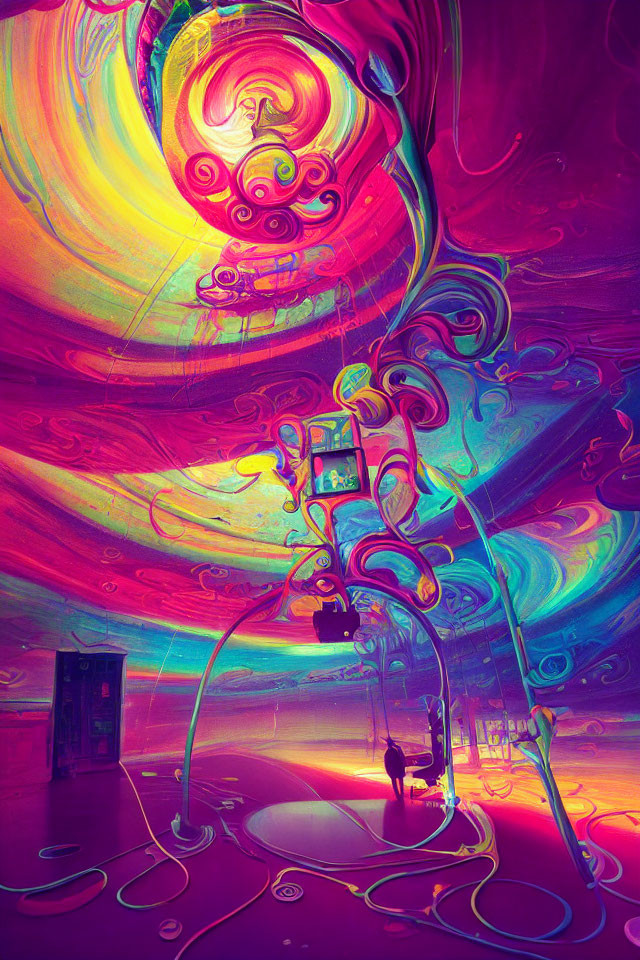 Colorful psychedelic illustration of slender mechanical entities in unique interior space