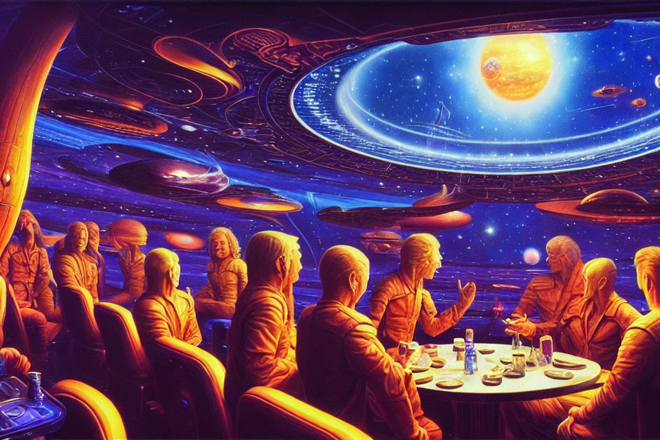 Illustration of people in golden suits in spacecraft observing cosmic vista