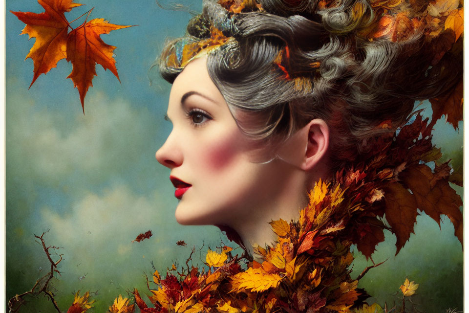 Woman with Autumn Leaves in Hair Against Cloudy Sky