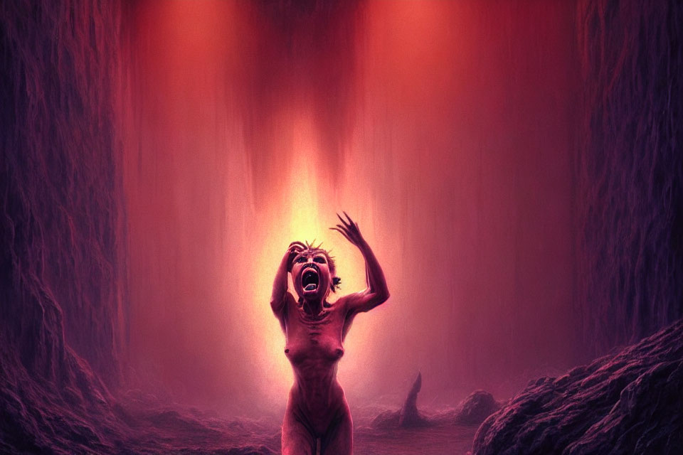 Person screaming in fiery cavern with piercing light beams