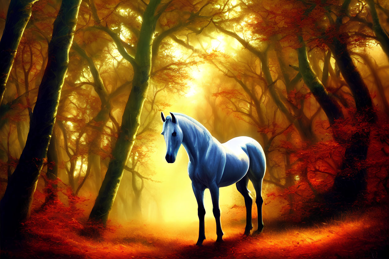 White Horse in Sunlit Forest with Orange and Red Foliage