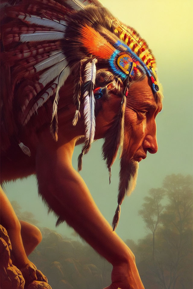 Portrait of Native American man in feathered headdress on golden background