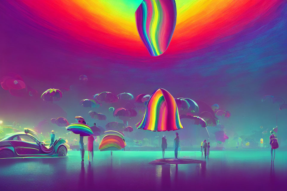 Colorful surreal landscape with rainbow skies, people, iridescent structures, and futuristic cars.