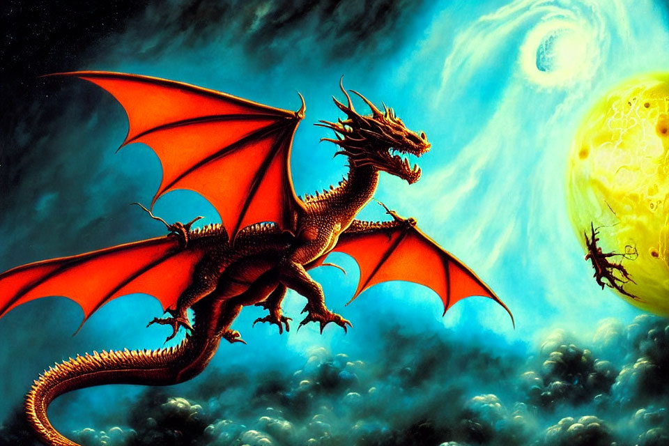 Fiery red dragon on clouds with moon and distant planet