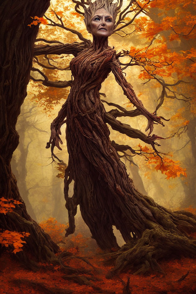 Fantastical tree-like figure with human face in autumn forest